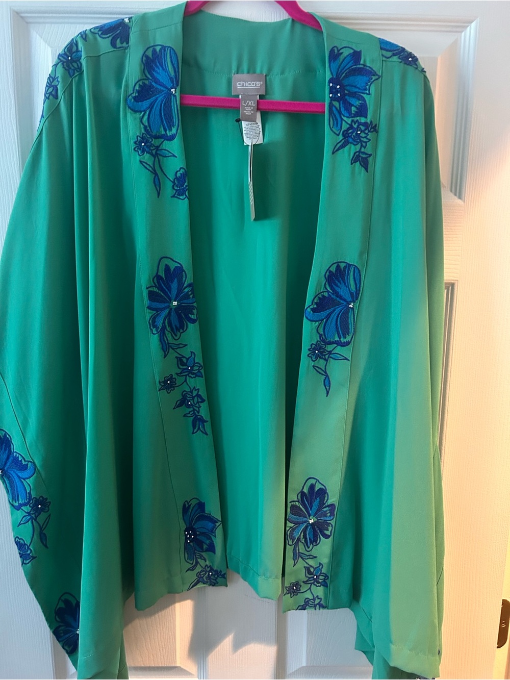 Chico's Turquoise Open-Front Embroidered Floral Jacket
